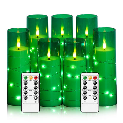 Flameless Candles,with Embedded Star String, Battery Operated Candles Flickering LED Pillar Candles with Remote Control and Timer, Home Decoration Add a Warm and Romantic Atmosphere，Set of 7 (Green)