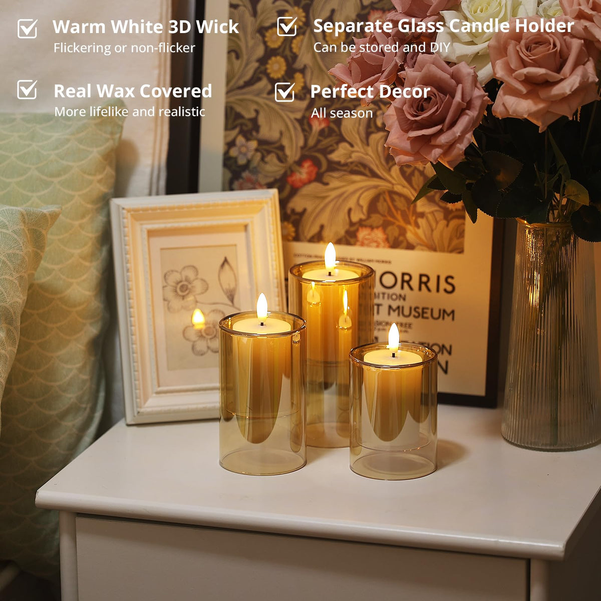 NURADA Flameless Candles with Remote Timer - Glass Real Wax 3D Wick LED Pillar Votive Candle Set Battery Operated Flickering Light for Home Christmas Decoration - Gold 3 Pack
