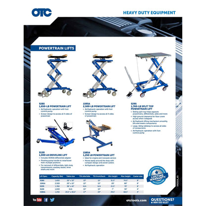 OTC 1585A 1,250 lb. Power Train Lift with Tilting Plate - Ideal for Engine/Transaxle Service