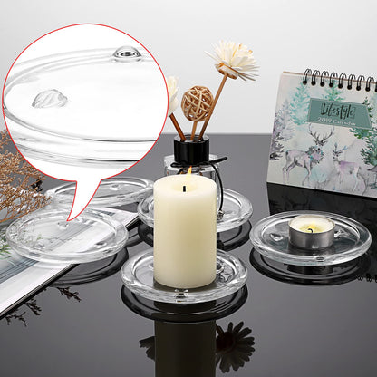 OwnMy 5PCS Clear Glass Candle Plates 3 Inch Pillar Candle Holders, Glass Coasters Small Round Candle Base & Plates and Trays for Dining Wedding Table Centerpieces
