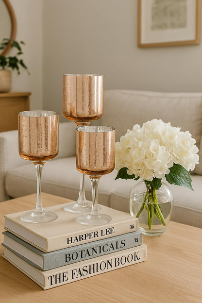 Koyal Wholesale Rose Gold Candle Holder Set of 3, Long Stem Candle Holders, Rose Gold Glass Floating Candle Holders, Tall Gold Tea Light Holders for Table Centerpiece, Tall Tealight Candle