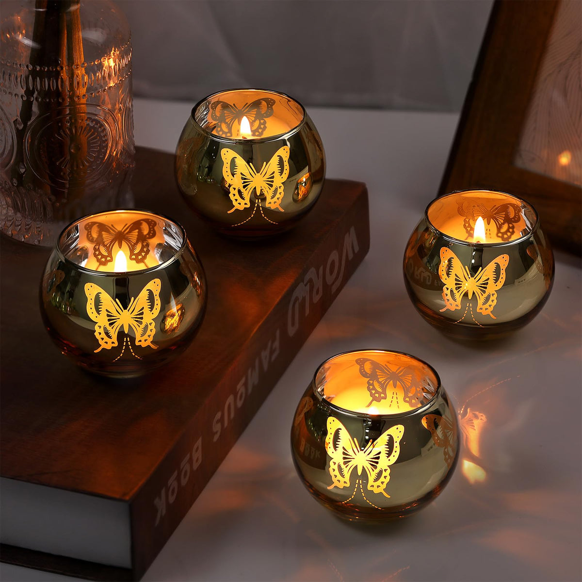 Gold Votive Candle Holders Set, 12 PCS Tea Lights Candle Holder Decorative Bulk with Butterfly Pattern, Candle Holders for Wedding, Birthday, Anniversary, Parties, and Holiday Decorations