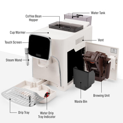 Zulay Kitchen Magia Clasica Automatic Espresso Machine with Built-In Grinder, Touch Panel Coffee Maker, Steam Wand Milk Frother, Adjustable Strength, Self-Cleaning, Cream & Silver (13" x 17.7" x 9.4")