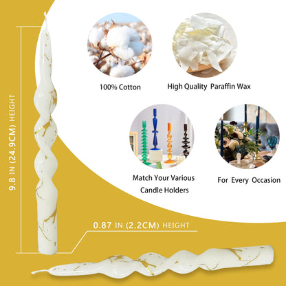 Elegant Gold Marble Spiral Candles Set of 2, 10 Inch Handmade Taper Candles, Unscented Candlesticks, Tapered Candles for Wedding Dinner Table Home Decor Gift