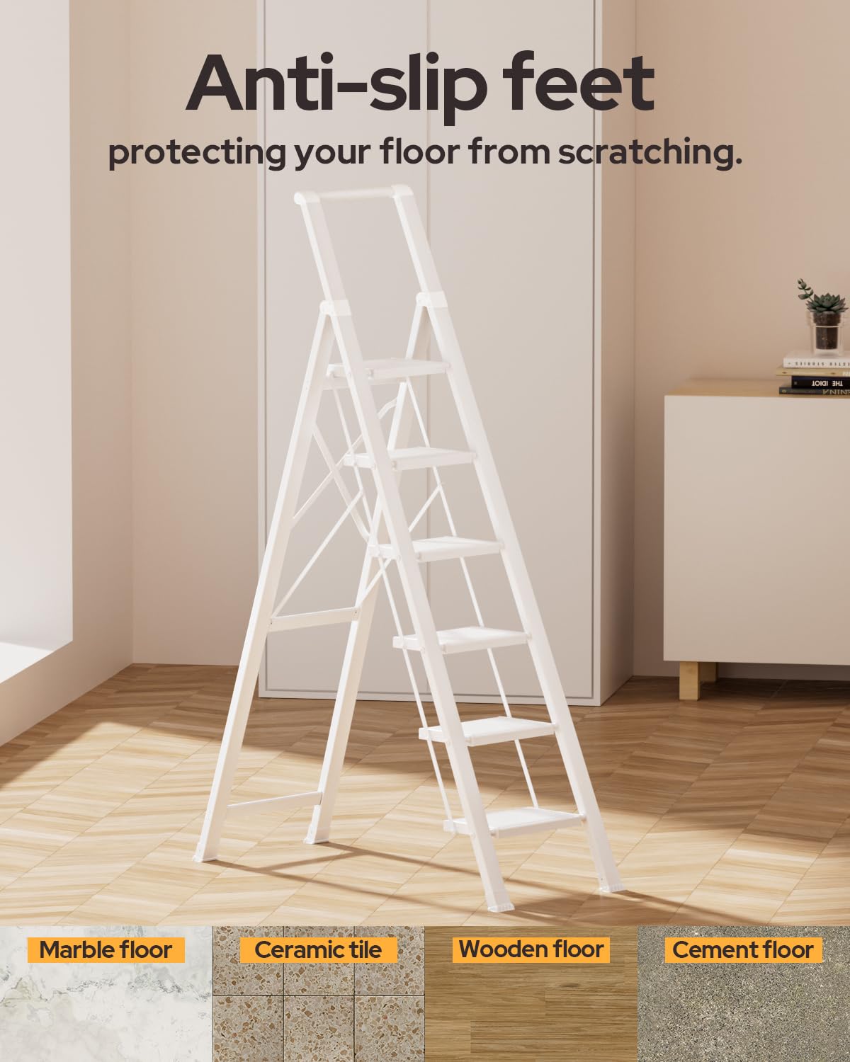 GameGem 6 Step Ladder for 12 Feet High Ceiling, Lightweight Aluminum Folding Step Stool with Convenient Handgrip, Stepladders with Anti-Slip and Wide Pedal for Home Use Space Saving - White
