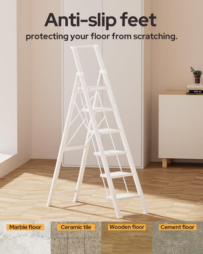 GameGem 6 Step Ladder for 12 Feet High Ceiling, Lightweight Aluminum Folding Step Stool with Convenient Handgrip, Stepladders with Anti-Slip and Wide Pedal for Home Use Space Saving - White