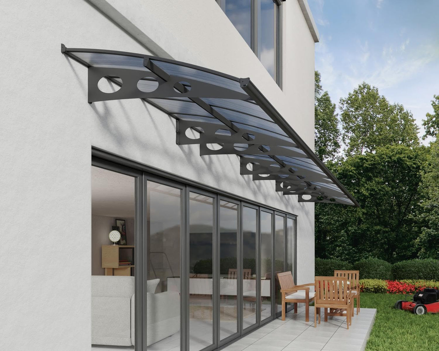 Palram - Canopia Herald 4460 15 Ft. x 5 Ft. Awning Durable Steel Support, Aluminum Trim, and Polycarbonate Panels with UV Protection Rain & Snow Redirect Channels for Element Protection (Gray/Mist)