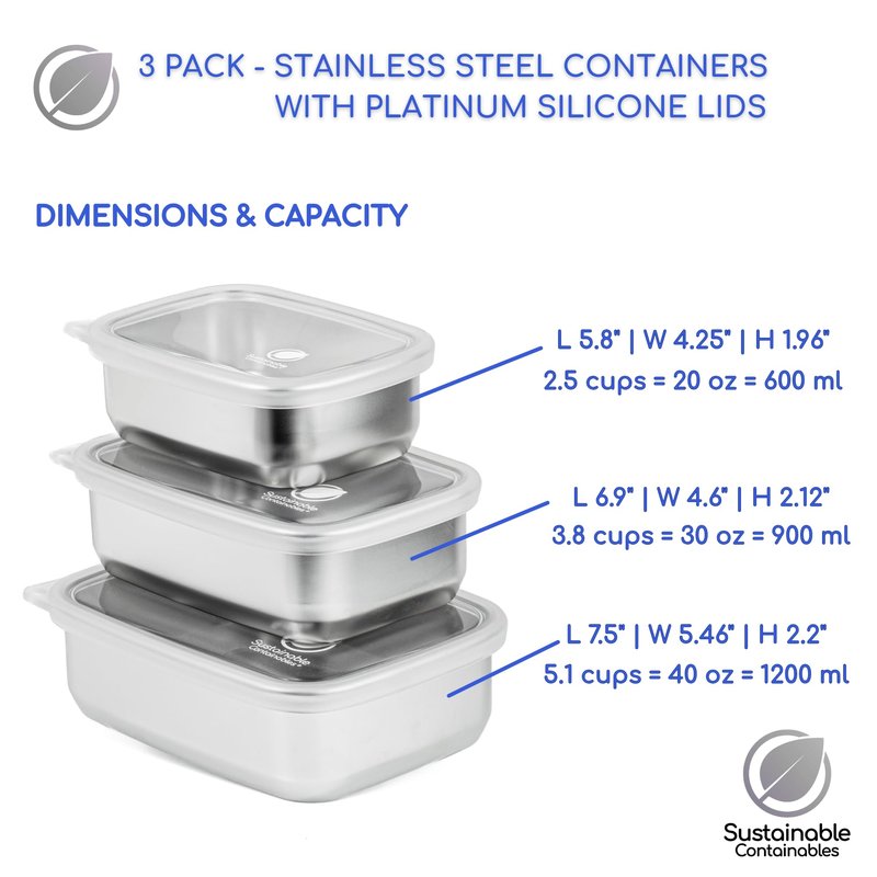 Sustainable Containables Stainless Steel Food Storage Containers with Clear Platinum Silicone Lids, Airtight, Leakproof 18/8 (304) Food Grade SS Nested 3Pk 20/30/40 oz Plastic-Free