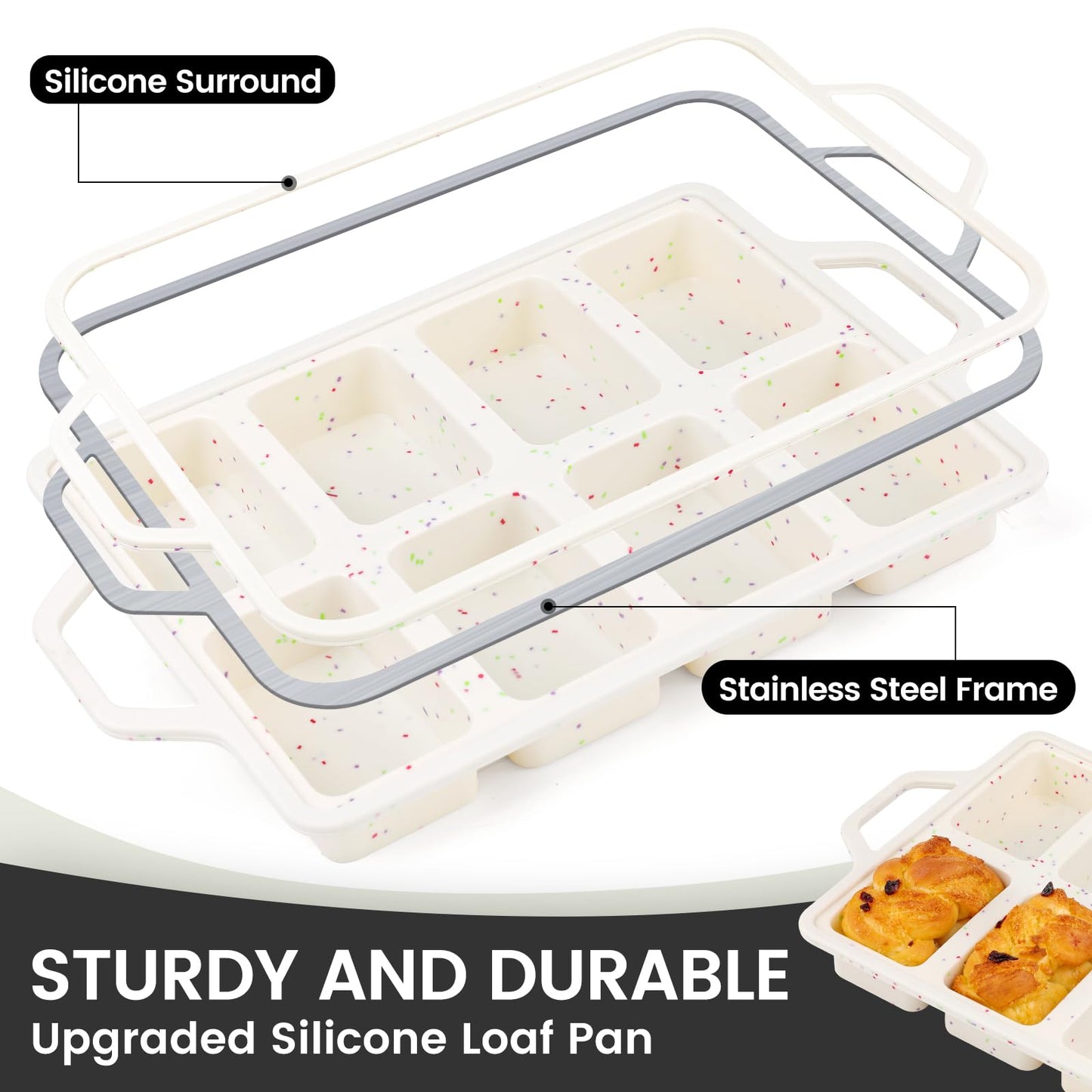 Vinino Compact 8-Cavity Mini Silicone Loaf Pan Cream for Recipe Testing