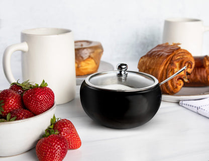 KooK Sugar Bowl, Sugar Bowl with Lid and Spoon, Sugar Container with Lid, for Salt, Coffee, Holds 2 Cups, Dishwasher Safe, Matte Black, 16 Oz