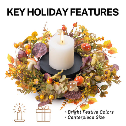 MOYEE Candle Holder Centerpieces for Tables,Candle Ring,Wreaths, Black Metal Candle Stick Paired Artificial Flowers 14 in Versatile Dining Table Centrepiece (Daisy Mushroom Wreath)