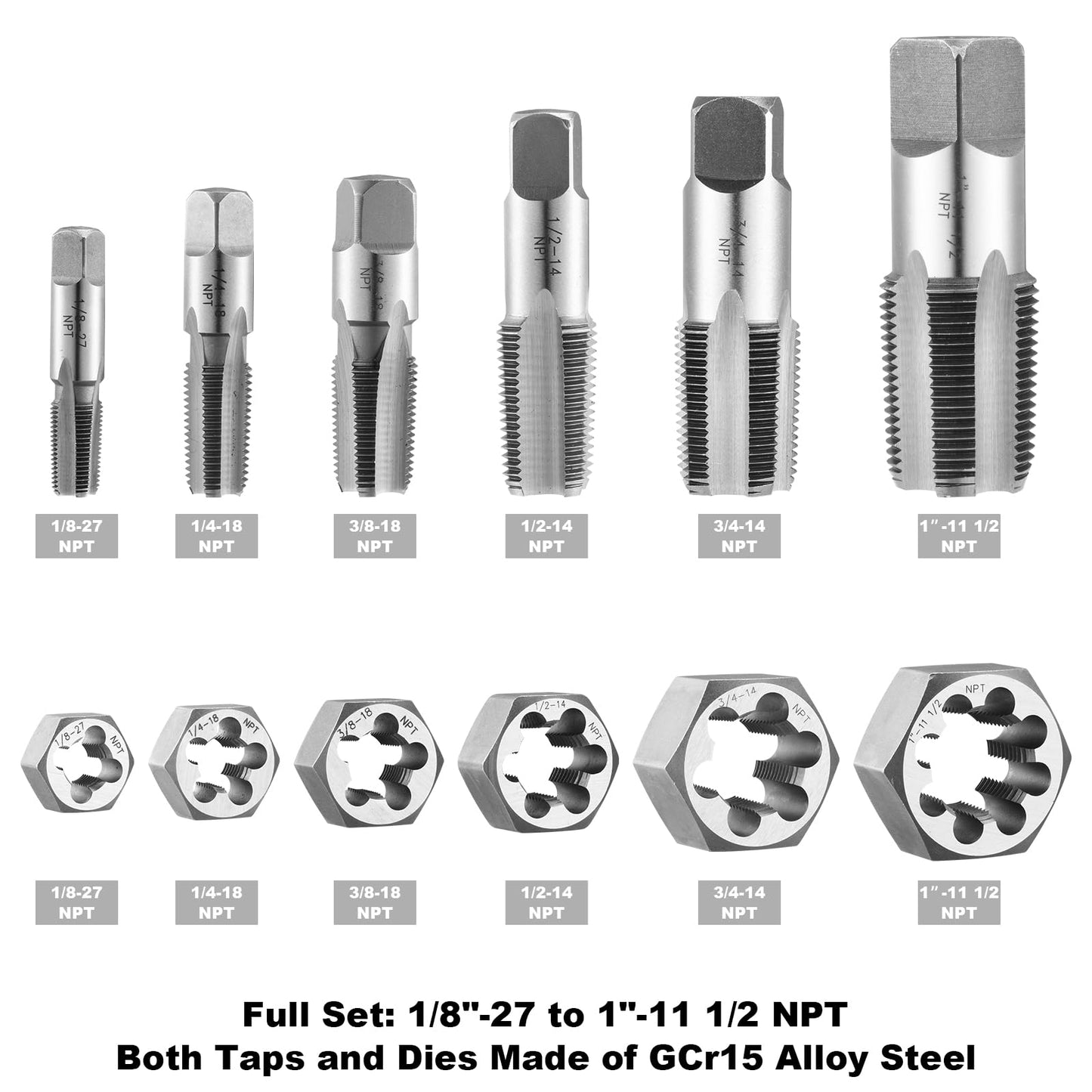 NPT Tap and Die Set – 1/8" to 1" Pipe Threading Tool Kit, GCr15 Alloy Steel Taper Tap and Hex Die Set with Storage Case for NPT Thread Repair and Cutting