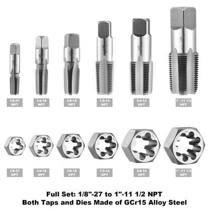 NPT Tap and Die Set – 1/8" to 1" Pipe Threading Tool Kit, GCr15 Alloy Steel Taper Tap and Hex Die Set with Storage Case for NPT Thread Repair and Cutting