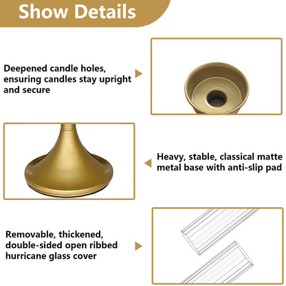 NOLIPED Gold Hurricane Candle Holders - Brass Candlestick Holders Set of 3 Tall Taper Candlesticks Fluted Glass Candle Stick Holder Decor for Wedding Party Christmas Mantel Dining Table Centerpieces