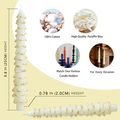 10 Inch Christmas Tree Taper Candles Set of 2, Handmade Unscented White Gold Tapered Candles Dinner Candles for Candlestick Holders, Holiday Wedding Table Decor