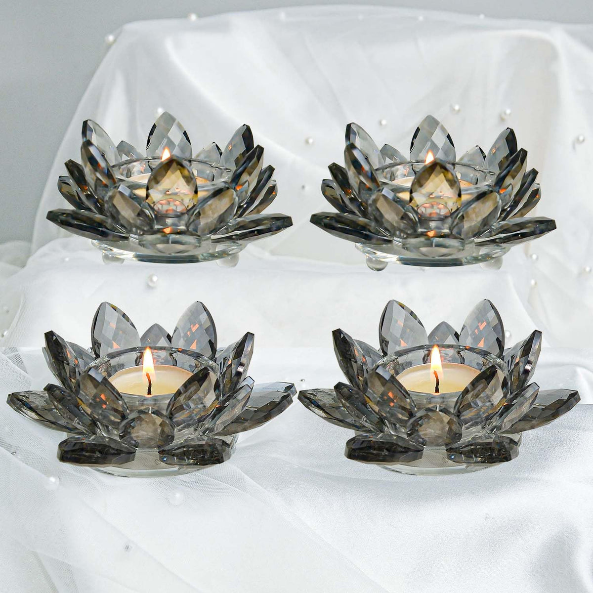Lotus Black Crystal Tea Candle Holder Crystal Wishing Tealight Candlestick Stand Exquisite Desktop Decoration Holiday Celebration Wedding Restaurant Party Atmosphere Decoration (4 Pcs, Dark Grey)