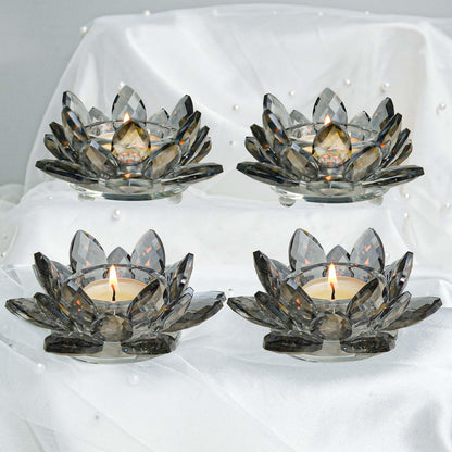 Lotus Black Crystal Tea Candle Holder Crystal Wishing Tealight Candlestick Stand Exquisite Desktop Decoration Holiday Celebration Wedding Restaurant Party Atmosphere Decoration (4 Pcs, Dark Grey)