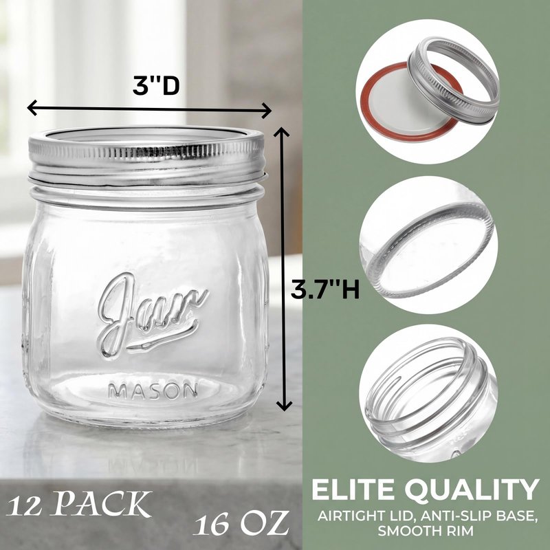 Lyellfe 12 Pack Wide Mouth Mason Jars, 16 Oz Short Glass Canning Jar with Airtight Lids, Food Safe Jam Spice Jar for Honey, Jelly, Wedding Favors, DIY Project, Dishwasher Safe