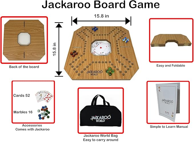 Jackaroo Board Game 2-4 Player Marble Strategy Game Solid Wooden Game with 16 Glass Marbles and 52 Cards Marbles and Jokers Board Game Marble Chase Game Foldable Board with Carry Bag (Oak)