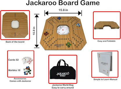 Jackaroo Board Game 2-4 Player Marble Strategy Game Solid Wooden Game with 16 Glass Marbles and 52 Cards Marbles and Jokers Board Game Marble Chase Game Foldable Board with Carry Bag (Oak)
