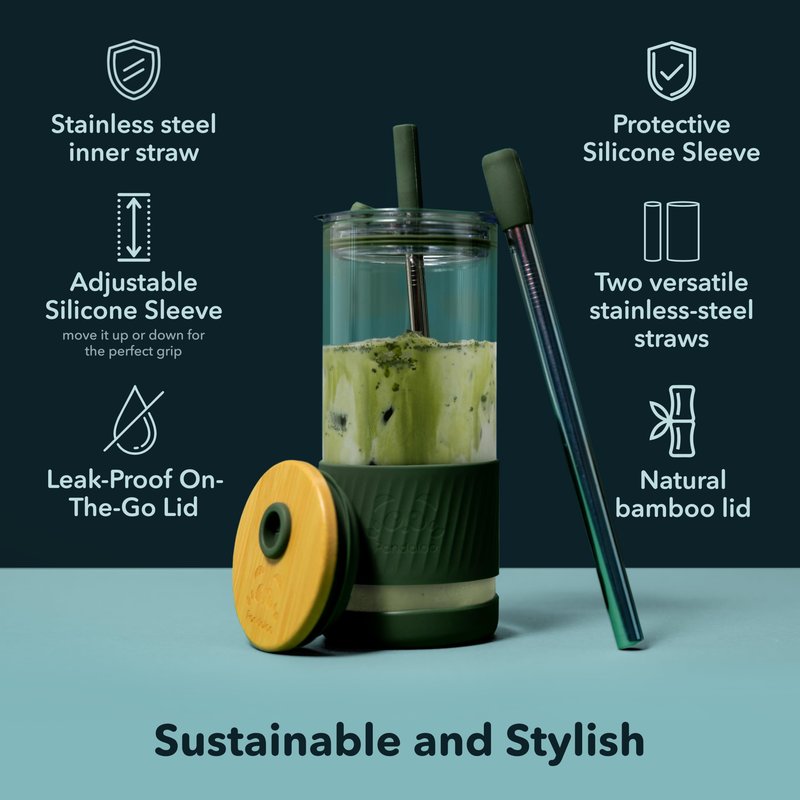 Pandaloo® Glass Cups With Lids and Straws -20 Fl Oz- Perfect Size Iced Coffee Cup - Smoothie Cup With Bamboo Lid and On the go Lid - Glass Tumbler With Straw (1 Count (Pack of 1), Vanilla Cream)