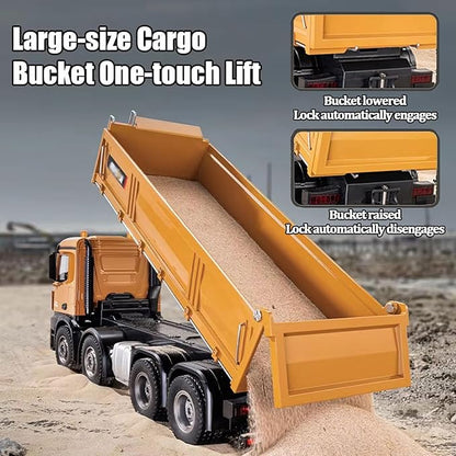 1:14 Scale RC Dump Truck 4WD 2.4Ghz RC Truck with Trailer 12CH RC Construction Vehicle with Light and Sound Four-Wheel Steering RC Toy Car for Boy Girl Birthday Gift