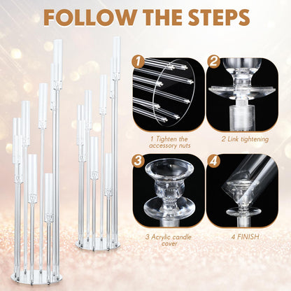 Vesici 2 Pcs 8 Arm Acrylic Candelabra Centerpieces for Tables 49.6 x 11 Inch Candlesticks Holder Clear Acrylic Candle Holder for Wedding Ceremony Floor Home Dinner Party, Fit 0.8" LED Candle