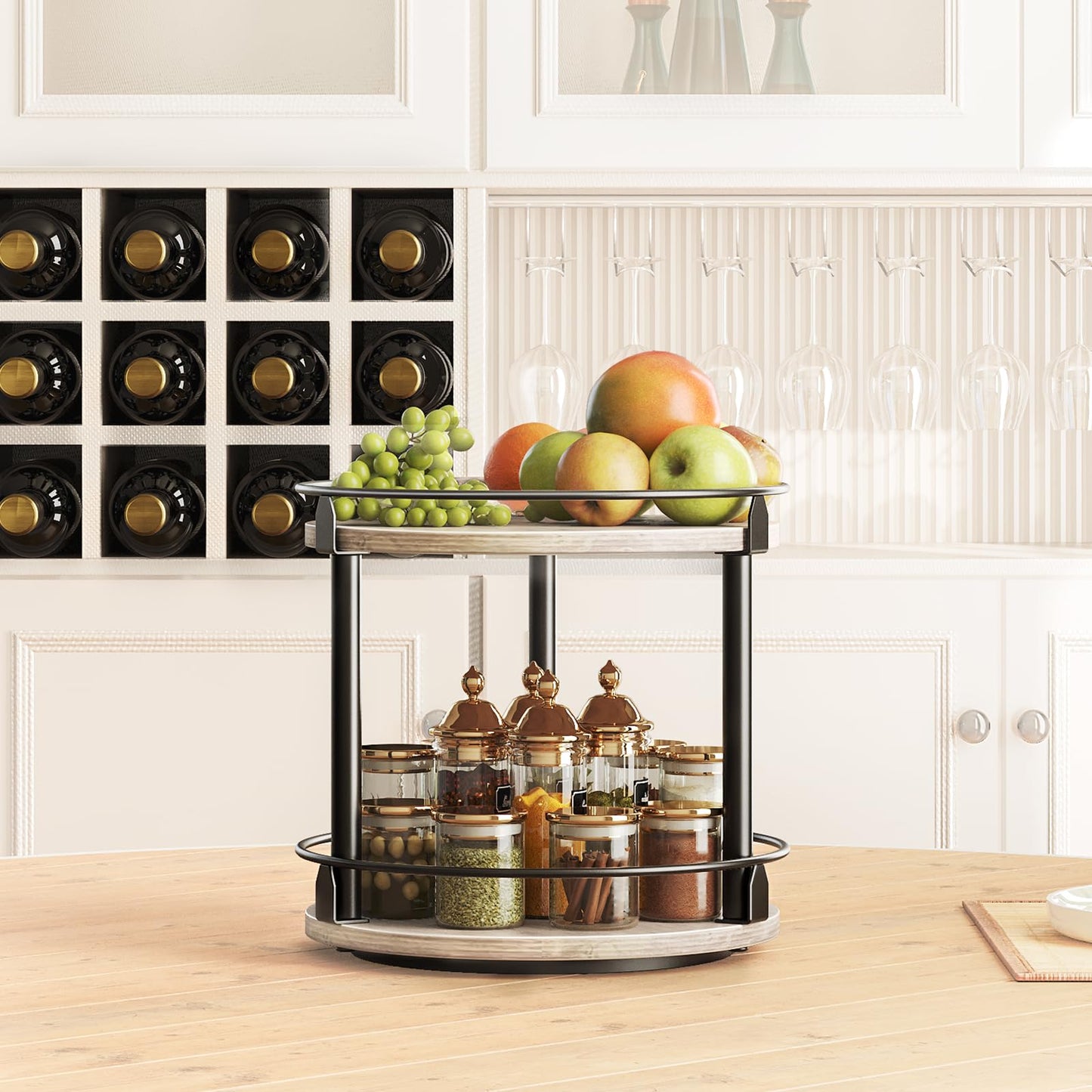3-Tier Lazy Susan Organizer, Rotating Spice Rack, Spinning Organizer, Industrial Turntable Spice Rack Organizer for Cabinet, Kitchen Countertop, Pantry, Rustic Brown and Black SR23BR