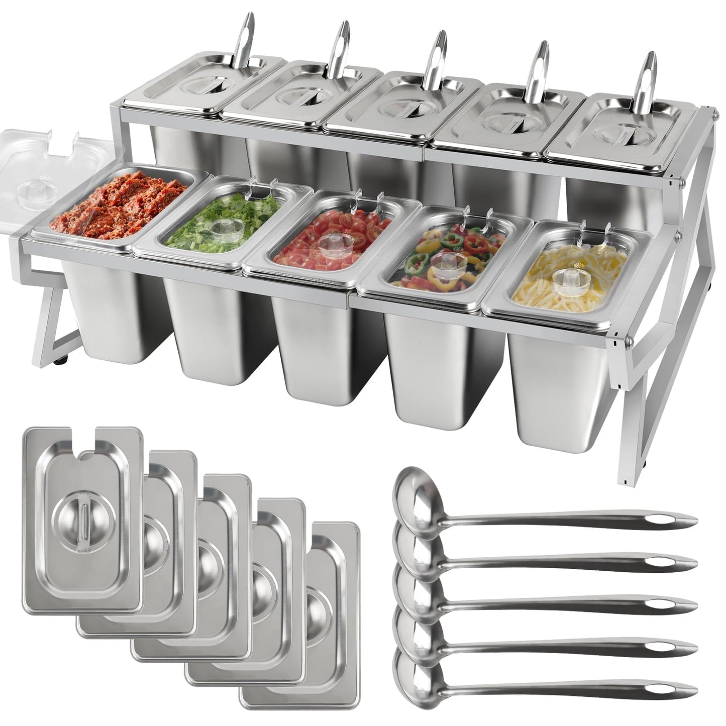 Kalolary 10 Pans Pizza Topping Storage Station, 2 Row Adjustable Stainless Steel Condiment Containers with Lids Spoons Ice Food Serving Display Container Salad Bar Buffet Station for Home Kitchen