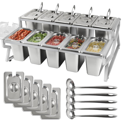Kalolary 10 Pans Pizza Topping Storage Station, 2 Row Adjustable Stainless Steel Condiment Containers with Lids Spoons Ice Food Serving Display Container Salad Bar Buffet Station for Home Kitchen