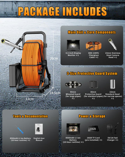 Sewer Camera 100ft, Drain Camera 4.3" with 23mm 1080P Probe, 8500mAh, 32GB Audio & Video Record, IP68 Waterproof for Drain Pipe, Plumbing & Industrial Inspection, Endoscope Camera with Light(12 LEDs)