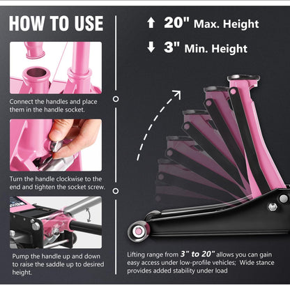 DNA Motoring Low Profile Hydraulic Trolley Service/Floor Jack, 3 Ton (6000 lbs) Capacity, Lifting Range 3"-20", Pink, TOOLS-00475-PK