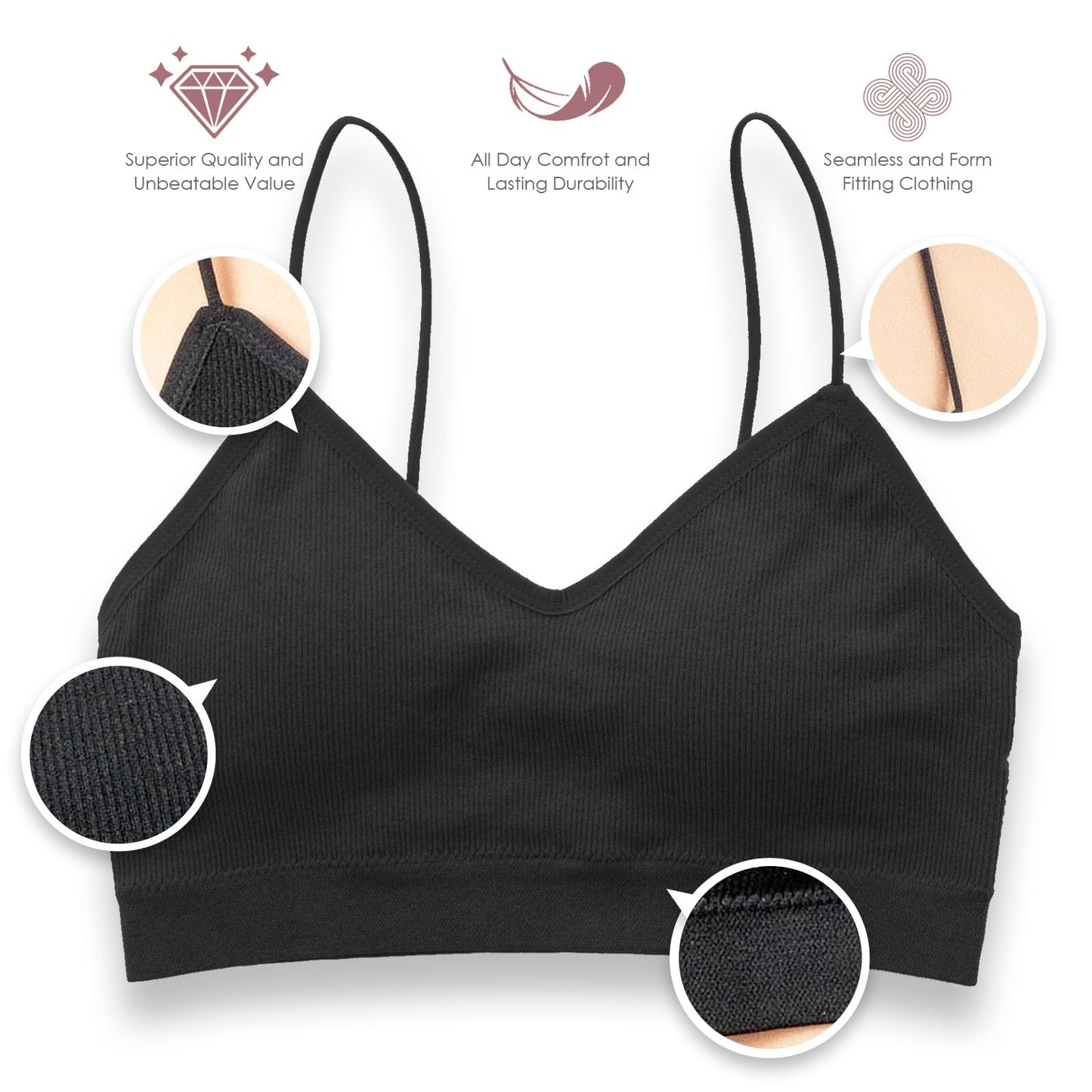 Alyce Intimates Pack of 5 Seamless Ribbed Sleep Bras for Women- Wireless, Padded Lounge Bra/Soft Sleeping Bralettes