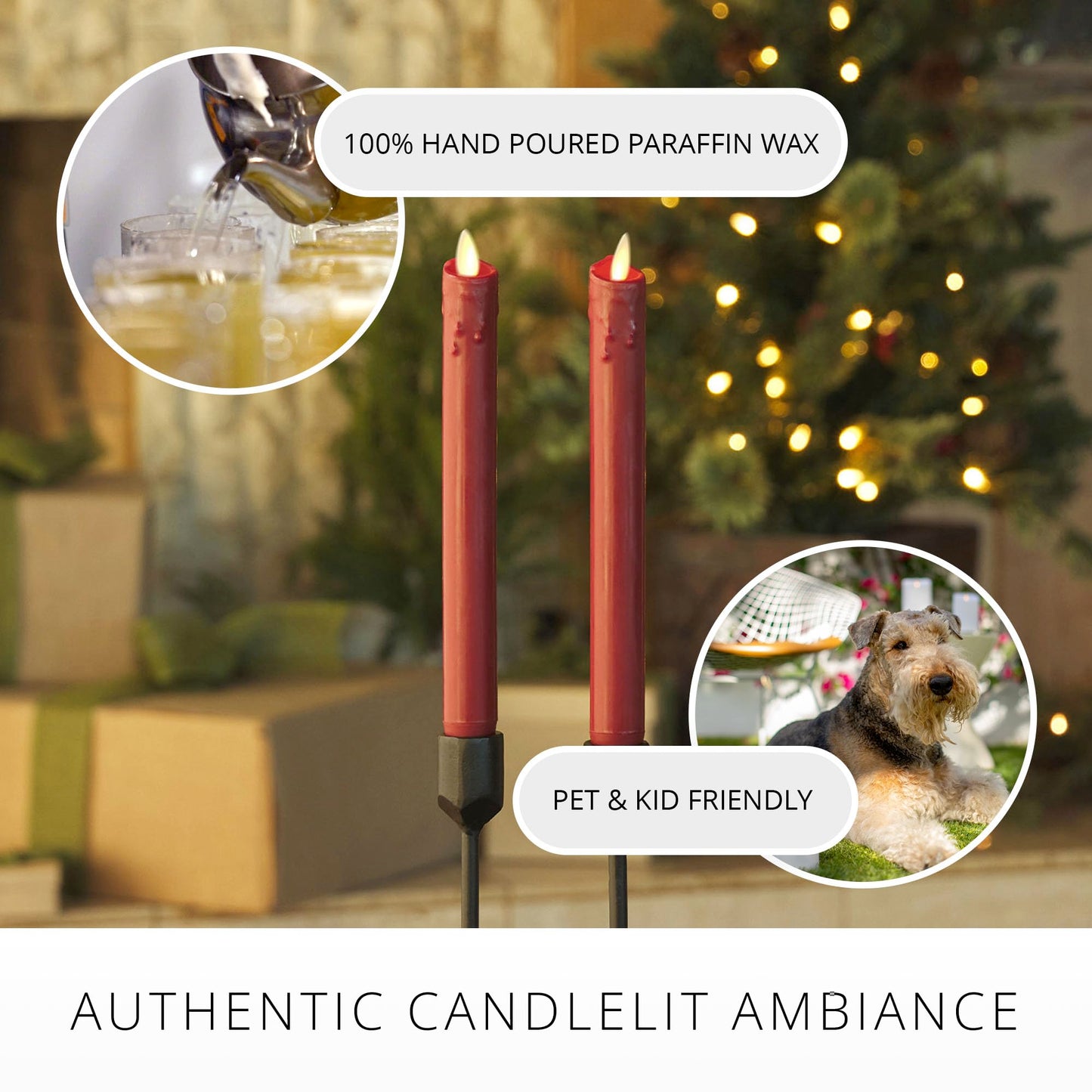 Luminara Burgundy Set of 2 Wax Drip Flameless Candle Tapers (1 x 9.5 inch), Moving Flame LED Candle Unscented Real Wax with Dripped Top Timer Function, Table, Mantel, Holiday Decoration