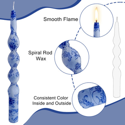 Flowers Printed Spiral Candles Unscented Blue Twisted Candlestick Smokeless Set of 2 Long Taper Candle 10 inch Twisted Candle Sticks Tapered Candles for Home Wedding Dinner Holiday Party