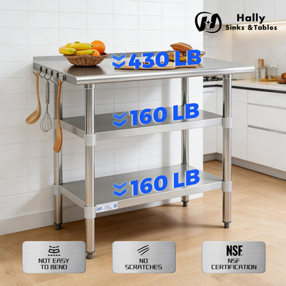 Hally 24 x 36 Inch Stainless Steel Prep Table with Backsplash, NSF Certified, 2 Adjustable Undershelves and Removable Hook for Kitchen, Restaurant, Garage