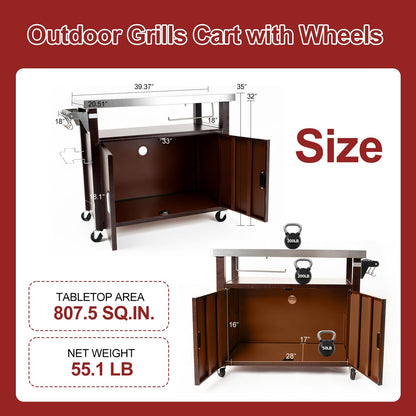 BBQMall Outdoor Grill Cart with Stainless Steel Top & Large Storage Cabinet, Movable Kitchen Island with Wheels for BBQ Food Prep, Pizza Oven Stand 39" x 20" x 35"