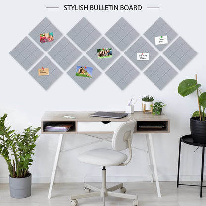 BXI Felt Bulletin Board - 12 X 12 X 0.4 Inches 6 Pcs Self-Adhesive Poster Cork Board with 30 Push Pins, Thick Pin Tiles Display Vision Board, Photo Picture Panels for Home Office Classroom Walls