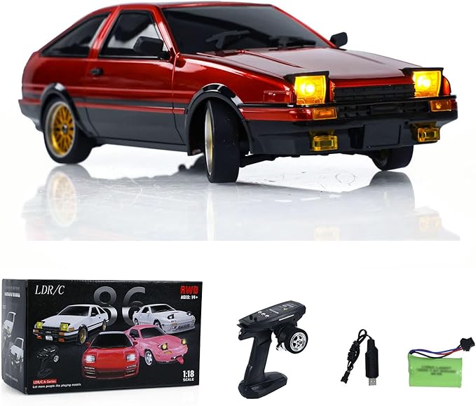 US in Stock 1/18 RC Drift Racing Car Rwd LDRC LD1801 Wireless Control Vehicle Gyroscope Light System Motor Servo ESC Hobby Model for Ages 14+(Red with Gyro)