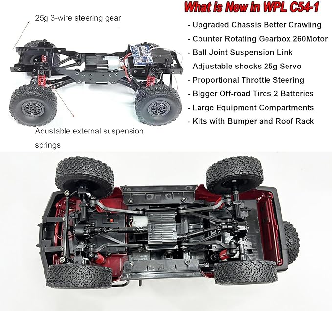 RC Crawler WPL C54-1 RC Truck 1/16 RC Rock Crawler 4x4 Remote Control Truck Off Road All Terrain RTR Proportional 260 Motor Upgraded Chassis and Gearbox Hobby RC Gift for Adults 2 Batteries