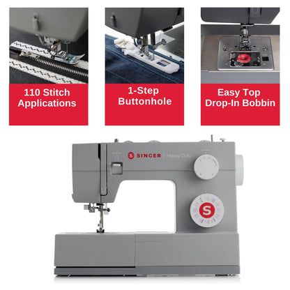 SINGER® Heavy Duty 4452 (Grey) High Speed Sewing Machine + Accessories | 32 Built-In Stitches Deliver 110 Stitch Applications | 50% More Power for Thick Fabrics, 1100 Stitches/Min, 1-Step Buttonhole