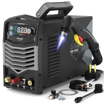 Sunstac Plasma Cutter, Non-Touch Pilot Arc 50Amps Non-High Frequency Plasma Cutting Machine with Large LCD Display 110/220V Dual Voltage IGBT Inverter 4/5 Inch Max Cut 2T/4T, for Beginners DIY