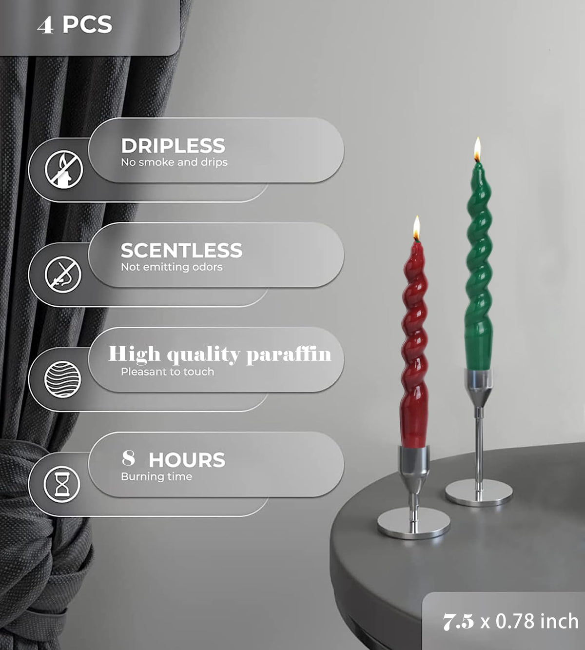 MAITREYA Christmas Short Taper Twisted Candles Set of 4 - Green and Red for Decoration, Weddings, Party, Church - Unscented Dripless 7.5inch