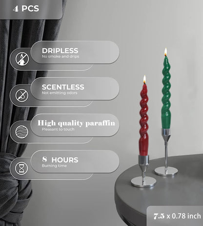 MAITREYA Christmas Short Taper Twisted Candles Set of 4 - Green and Red for Decoration, Weddings, Party, Church - Unscented Dripless 7.5inch