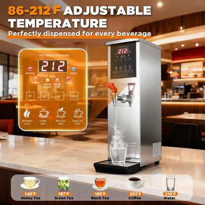 Commercial Hot Water Dispenser Water Boiler Countertop Auto-filling Stainless Steel Hot Water Machine Step-heating 104-212°F Adjustable for Cafe Tea Shop Office Restaurant Hotel 1500W 20L