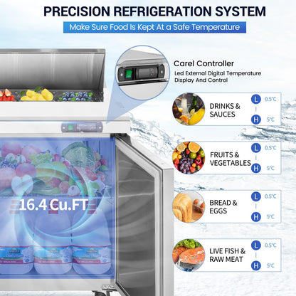 kalifon 60" W 2 Door Refrigerator Sandwich Salad Prep Table Commercial Stainless Steel Fan Cooling Refrigerator with Cutting Board, 2 Shelves & 16 Pans for Restaurant, Bar, Shop-16.4 Cu.ft