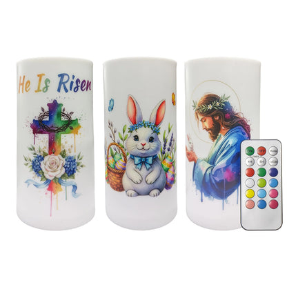 Aulaygo 3PCS Nativity Easter Flameless Candles with Remote Control,Christian Cross Bunny LED Candles for Spring Easter Home Decor