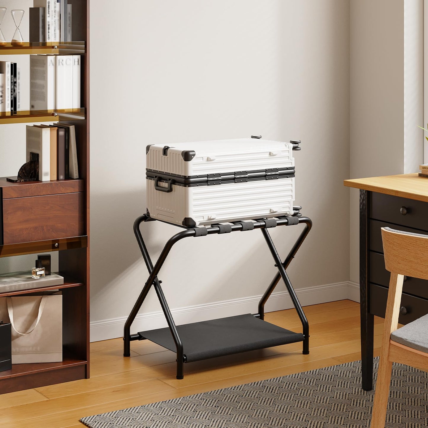 HOOBRO Luggage Rack, Folding Suitcase Stand with Fabric Storage Shelf for Guest Room, Bedroom, Hotel, Holds up to 100 lb, 27 x 15.3 x 22 Inches, Space Saving, Black BK04XL01
