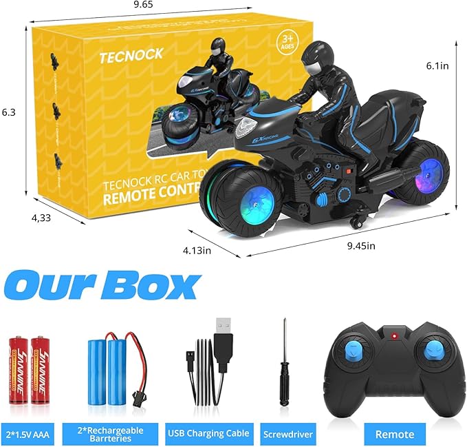 Tecnock RC Motorcycle Remote Control Motorcycle with LED Lights RC Car Dirt Bike Toy 360° Spins and Flips Rechargeable Batteries Gift for Boys Ages 5-7 8-12