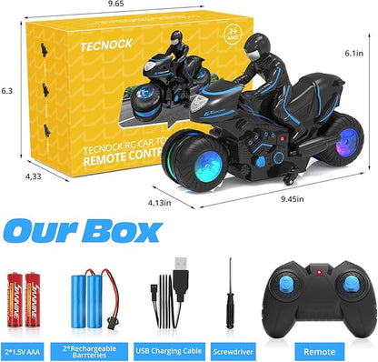 Tecnock RC Motorcycle Remote Control Motorcycle with LED Lights RC Car Dirt Bike Toy 360° Spins and Flips Rechargeable Batteries Gift for Boys Ages 5-7 8-12